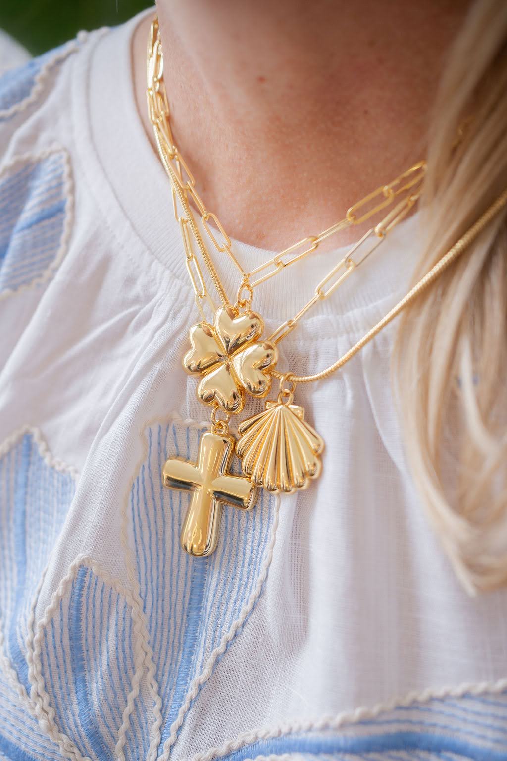 Puffy Shamrock Necklace with gold chain - 18k Plated Necklace