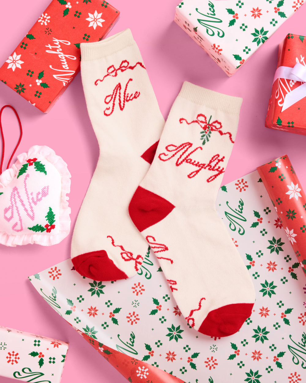 Naughty & Nice Knit Socks - cream crew socks - Bexa Boutique
