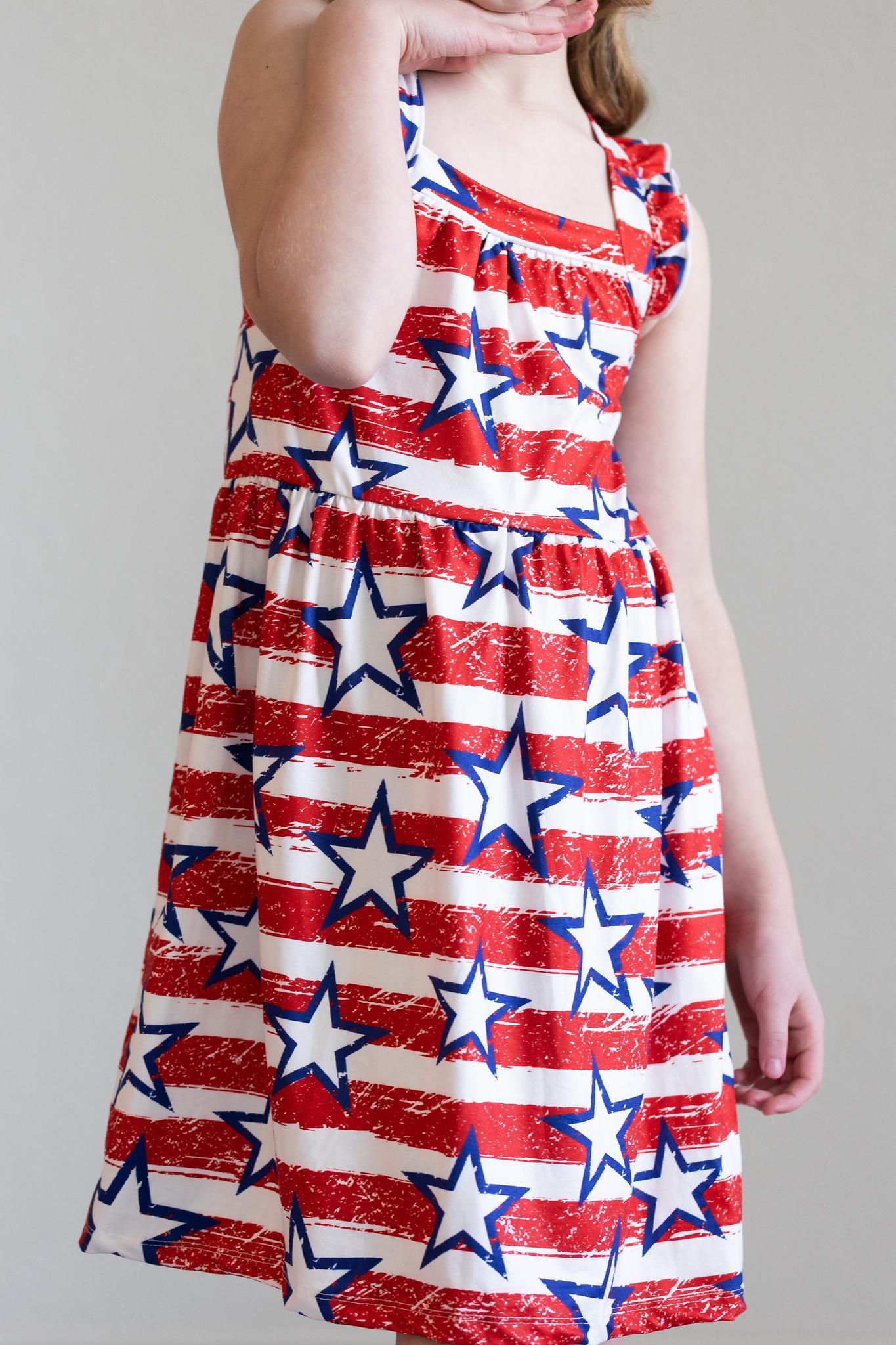 Stars & Stripes Ruffle Cross Back Dress - Girls