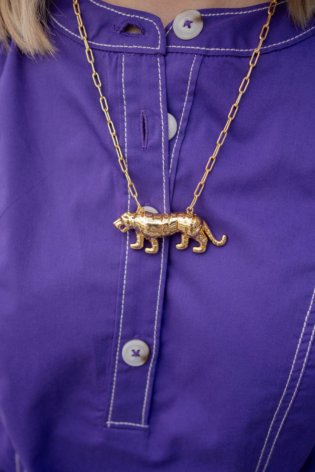 Tiger Body - 3D Gold Charm Necklace - 18k Gold Plated - Paperclip Chain