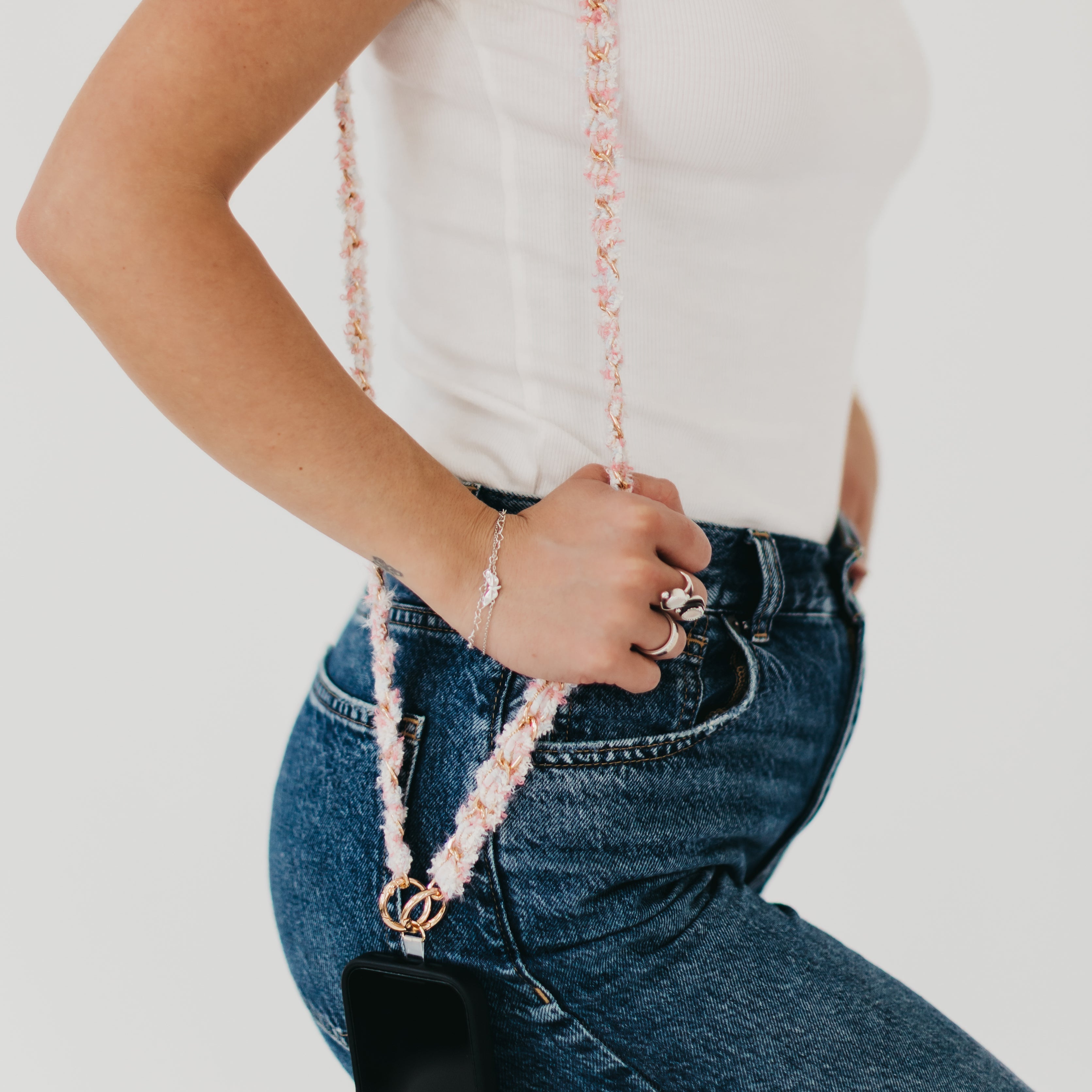 Tweed Phone Holder Crossbody Strap - Pink - Bexa Boutique