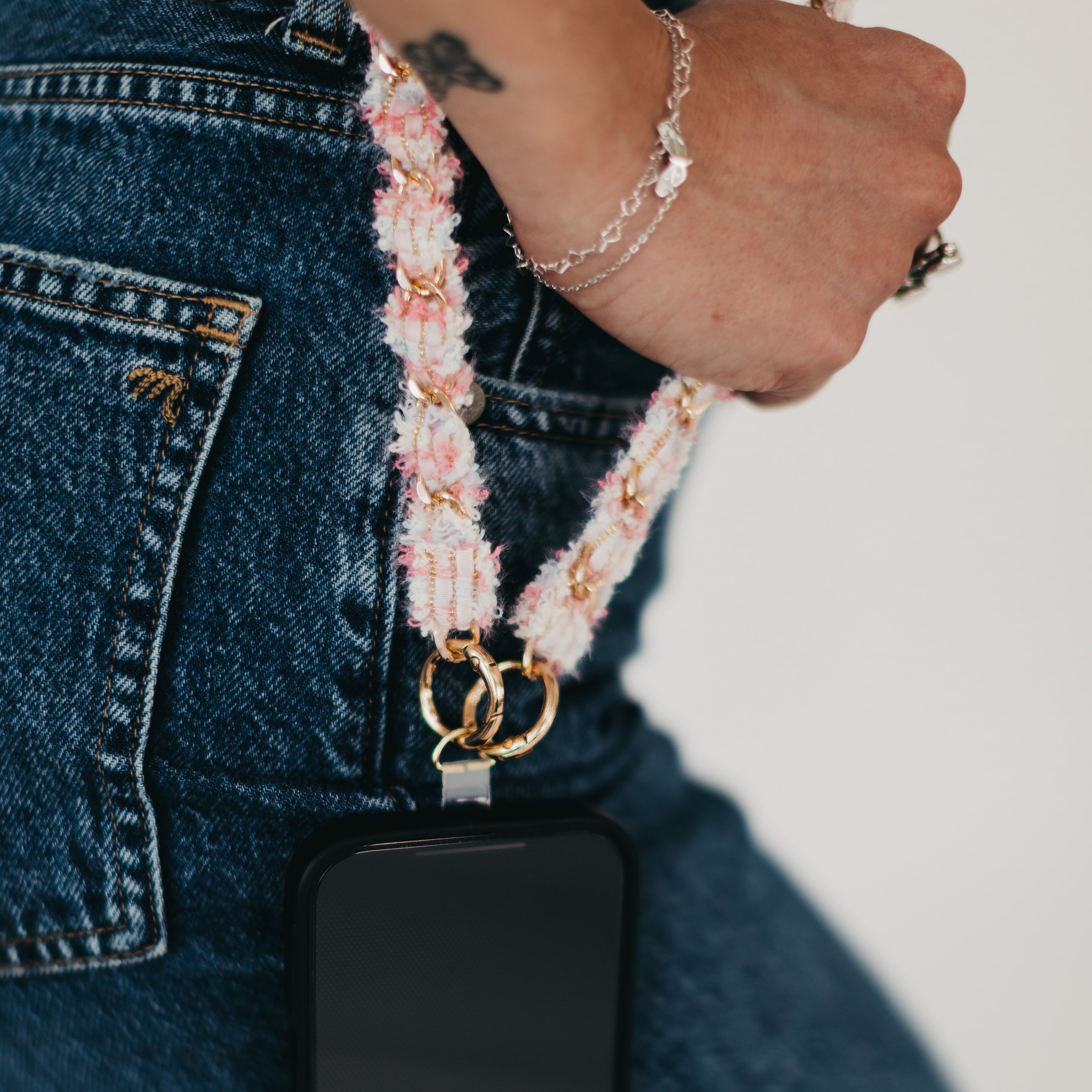 Tweed Phone Holder Crossbody Strap - Pink - Bexa Boutique