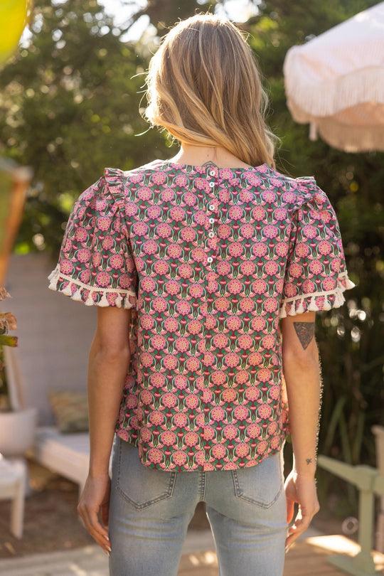 Short Sleeve Fringe Floral Top