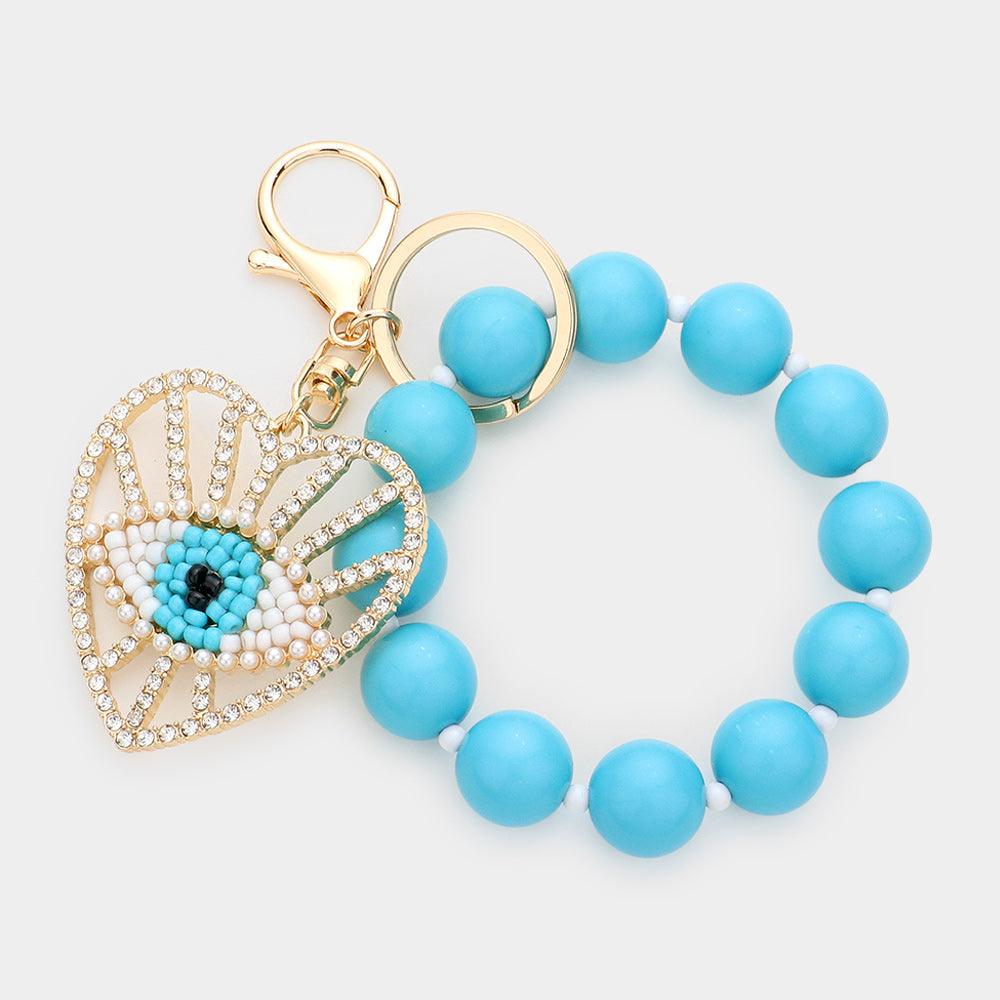 Evil Eye Blue Heart Beaded Stretch Keychain / Bracelet