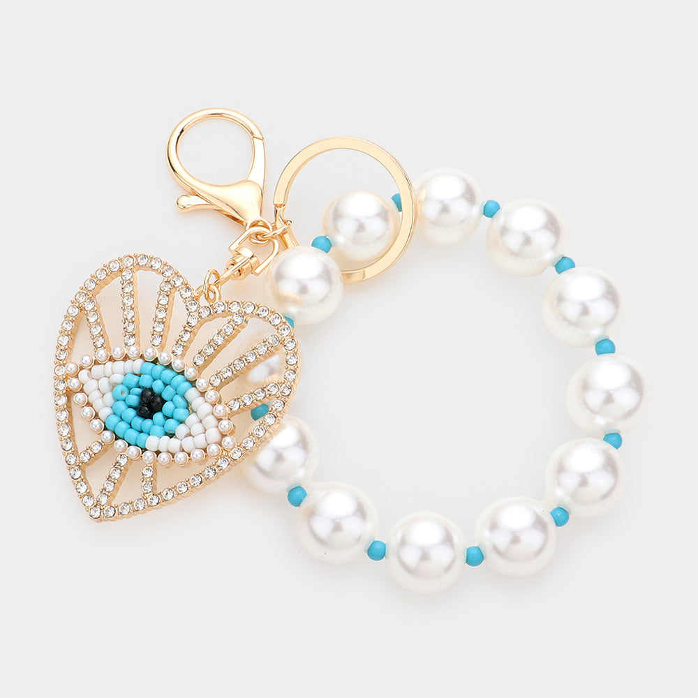 Evil Eye White Heart Beaded Stretch Keychain / Bracelet