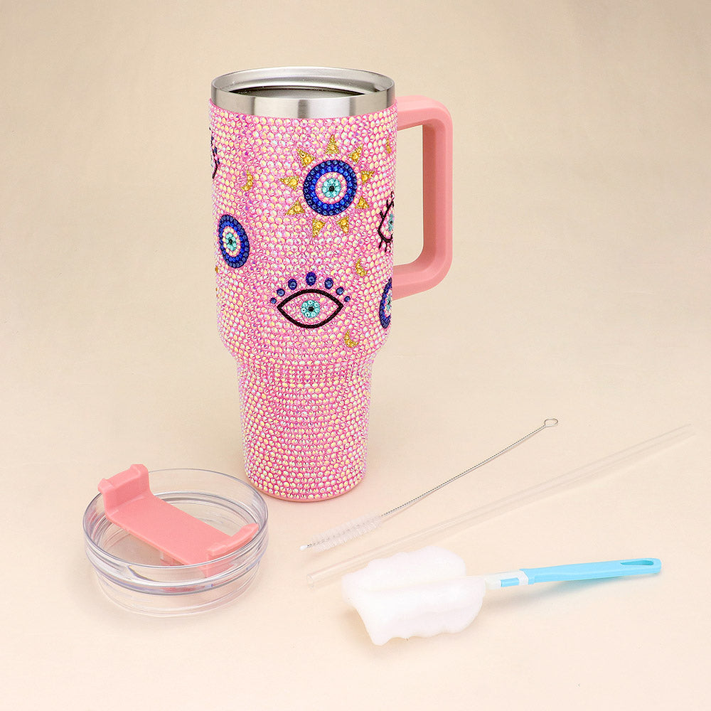 Bling Evil Eye Studded 40oz Stainless Steel Tumbler With Handle Pink