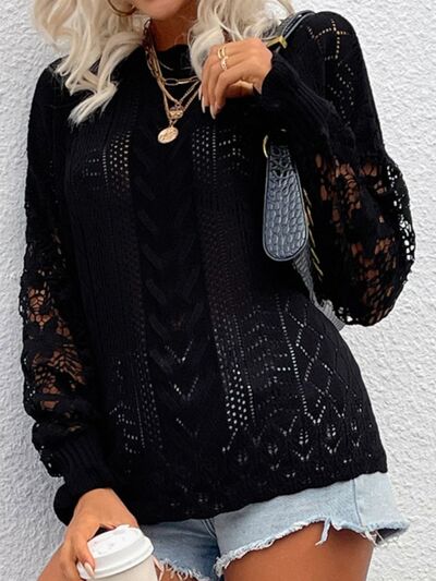 Openwork Round Neck Dropped Shoulder Blouse