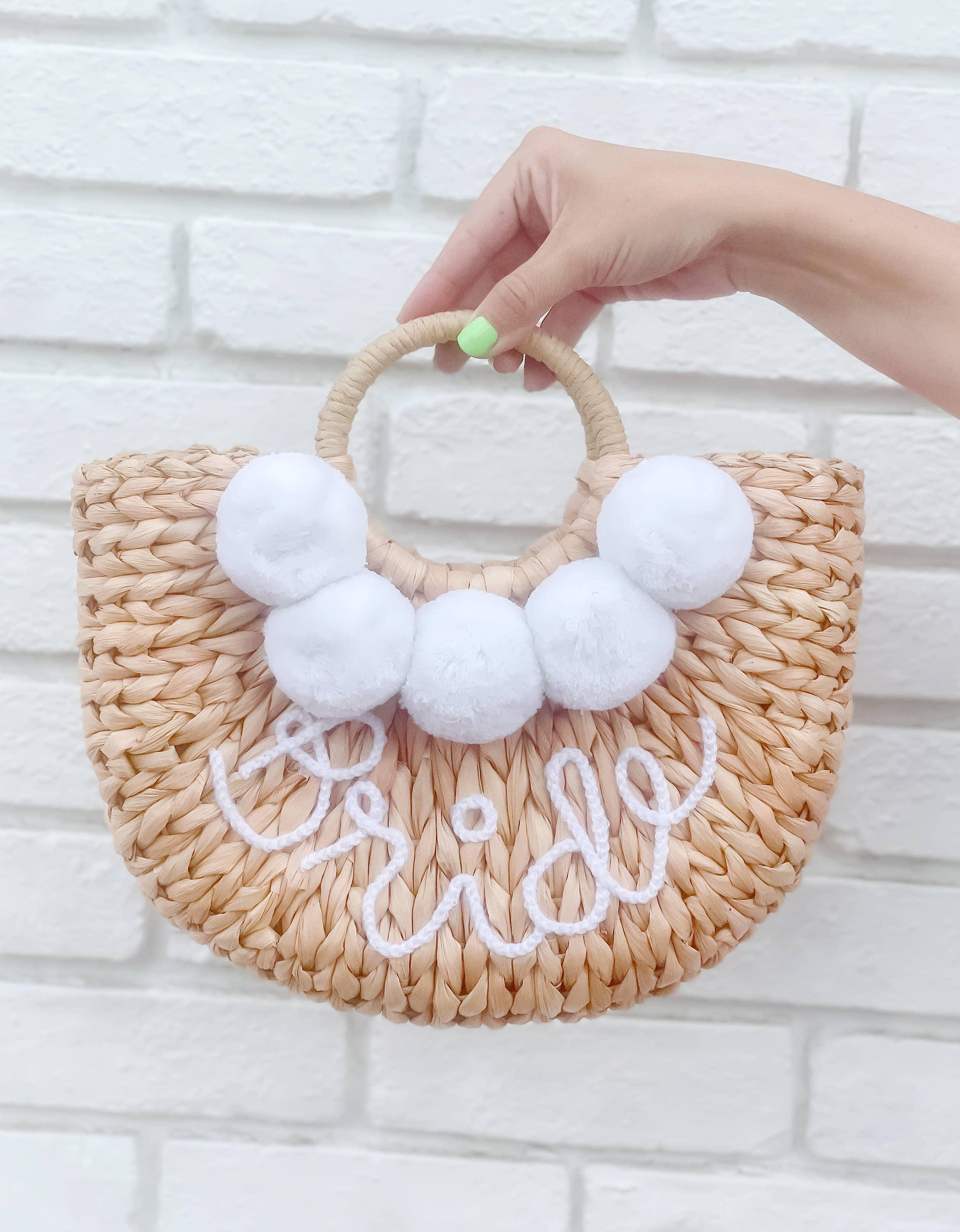 Bride Straw Purse with White Pom Poms