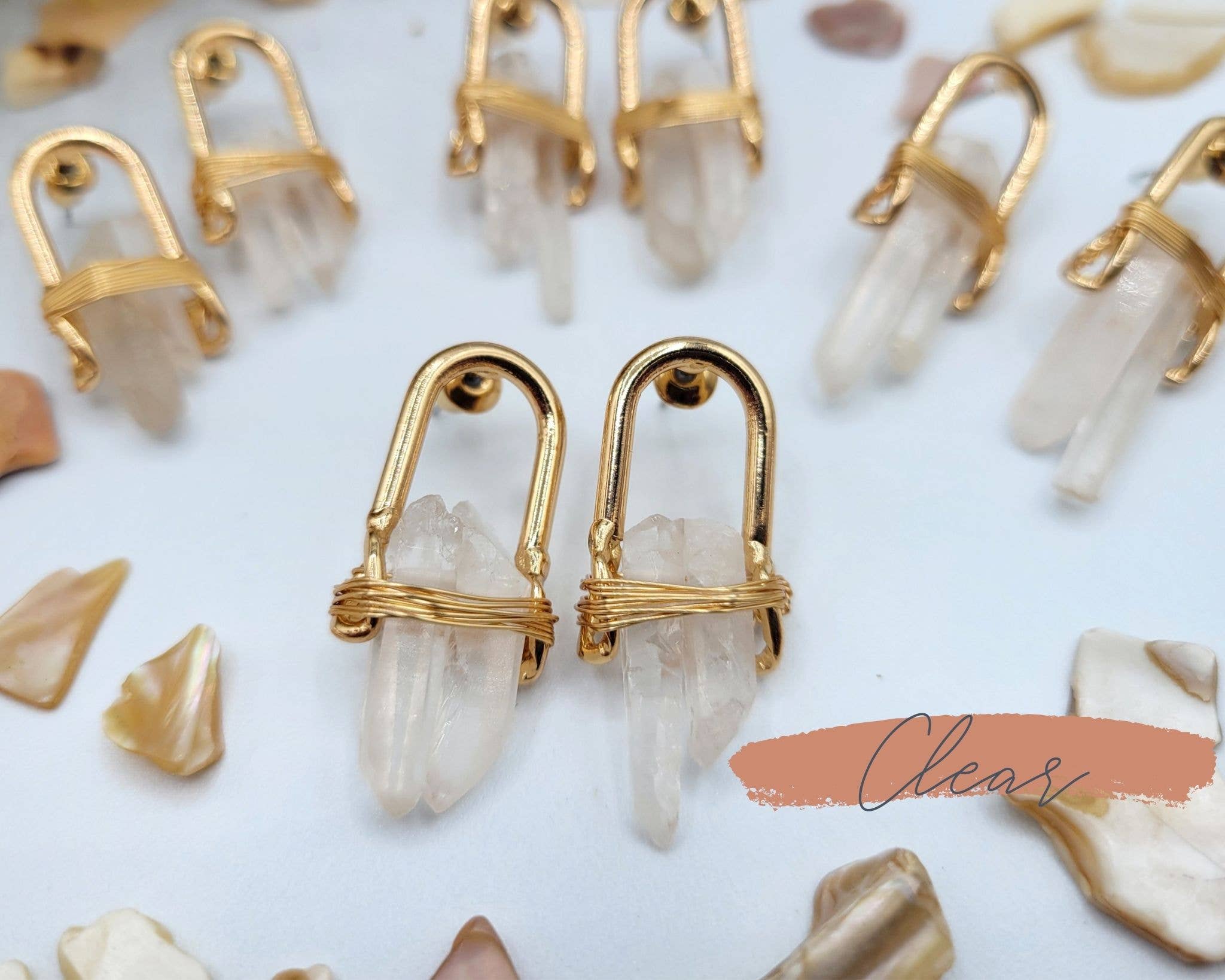 Gemstone Stud Earrings Gold Accents with Clear Quartz - Pretty Crafty Lady Shop