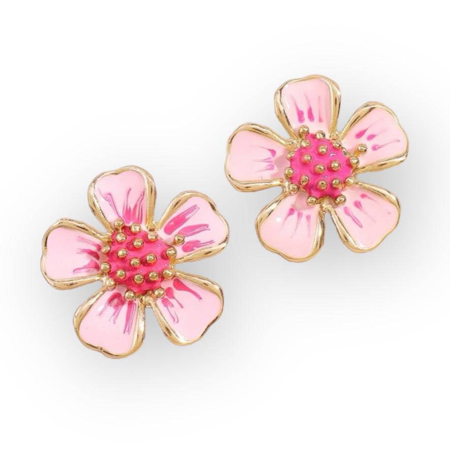Bright Pink Enamel Flower Stud Earrings - Pretty Crafty Lady Shop