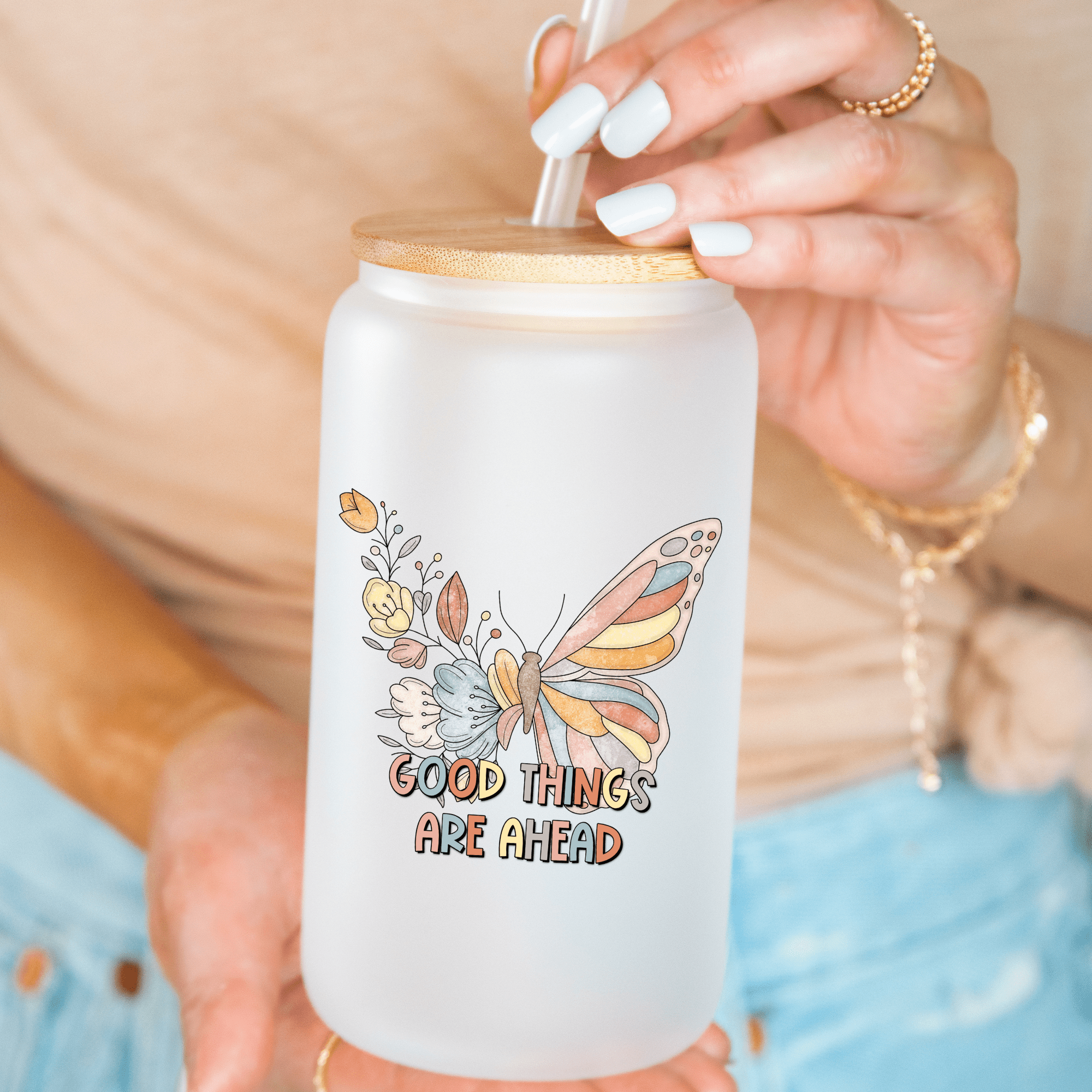 Mental Health & Positivity Glass Cups, Floral Butterfly Cup - Pretty Crafty Lady Shop