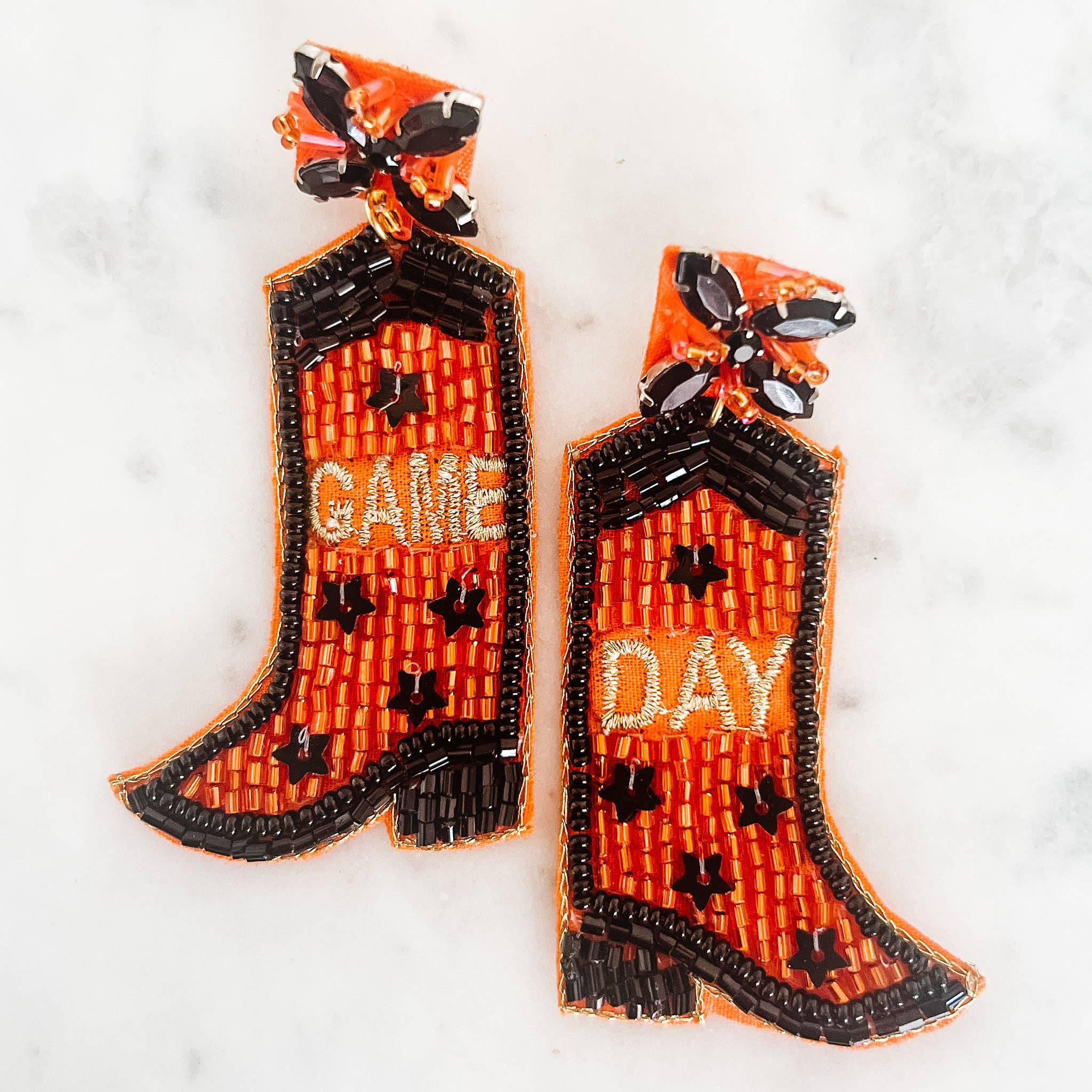 "Game Day" Black and Orange Beaded Cowboy Boot Earrings - Bexa Boutique