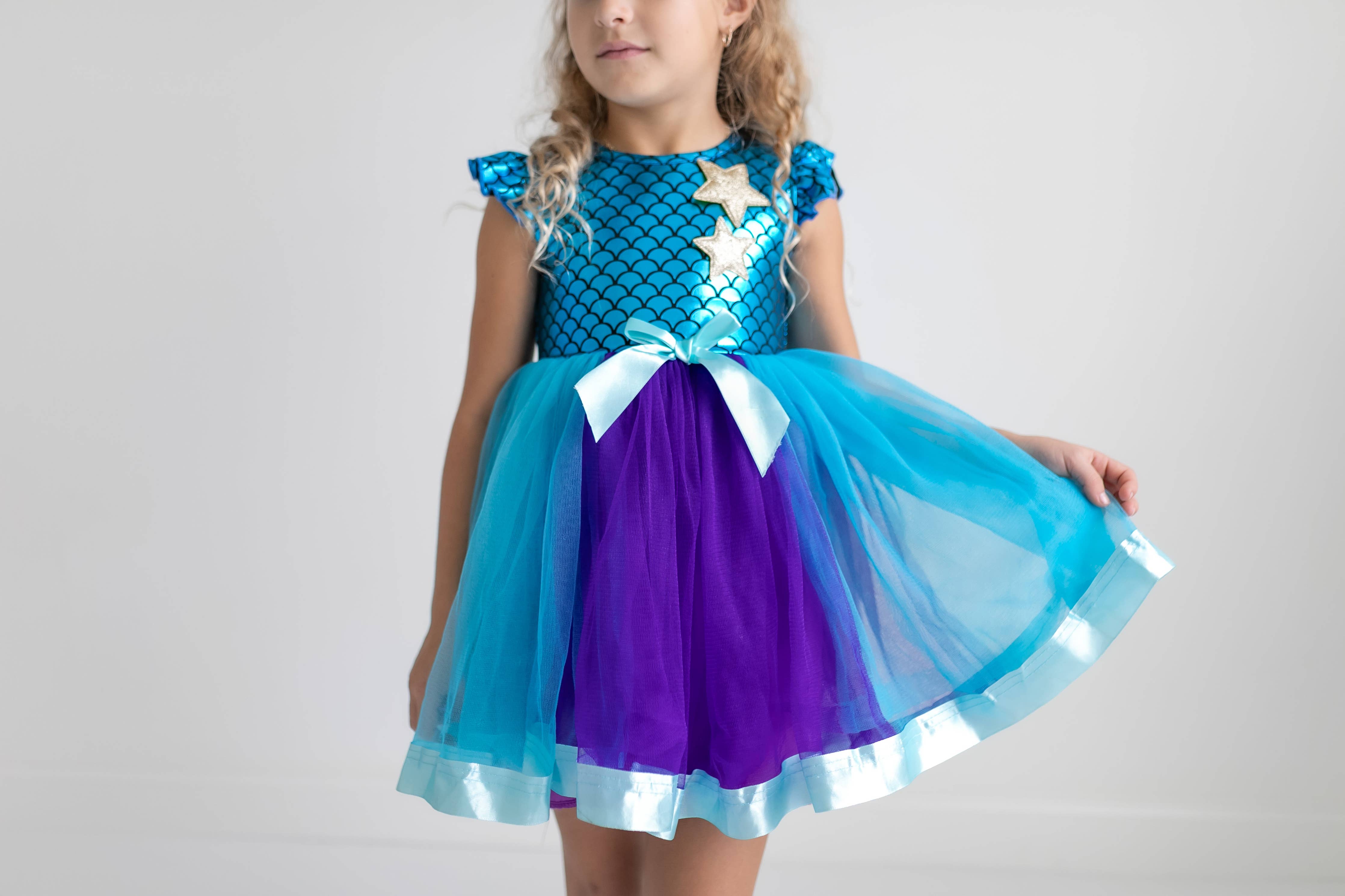 Kids Blue & Purple Shiny Mermaid Tulle Dress