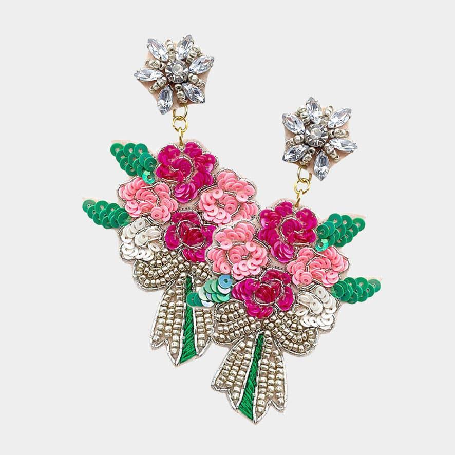 Pink Floral Bouquet Sequin Earrings - Pretty Crafty Lady Shop