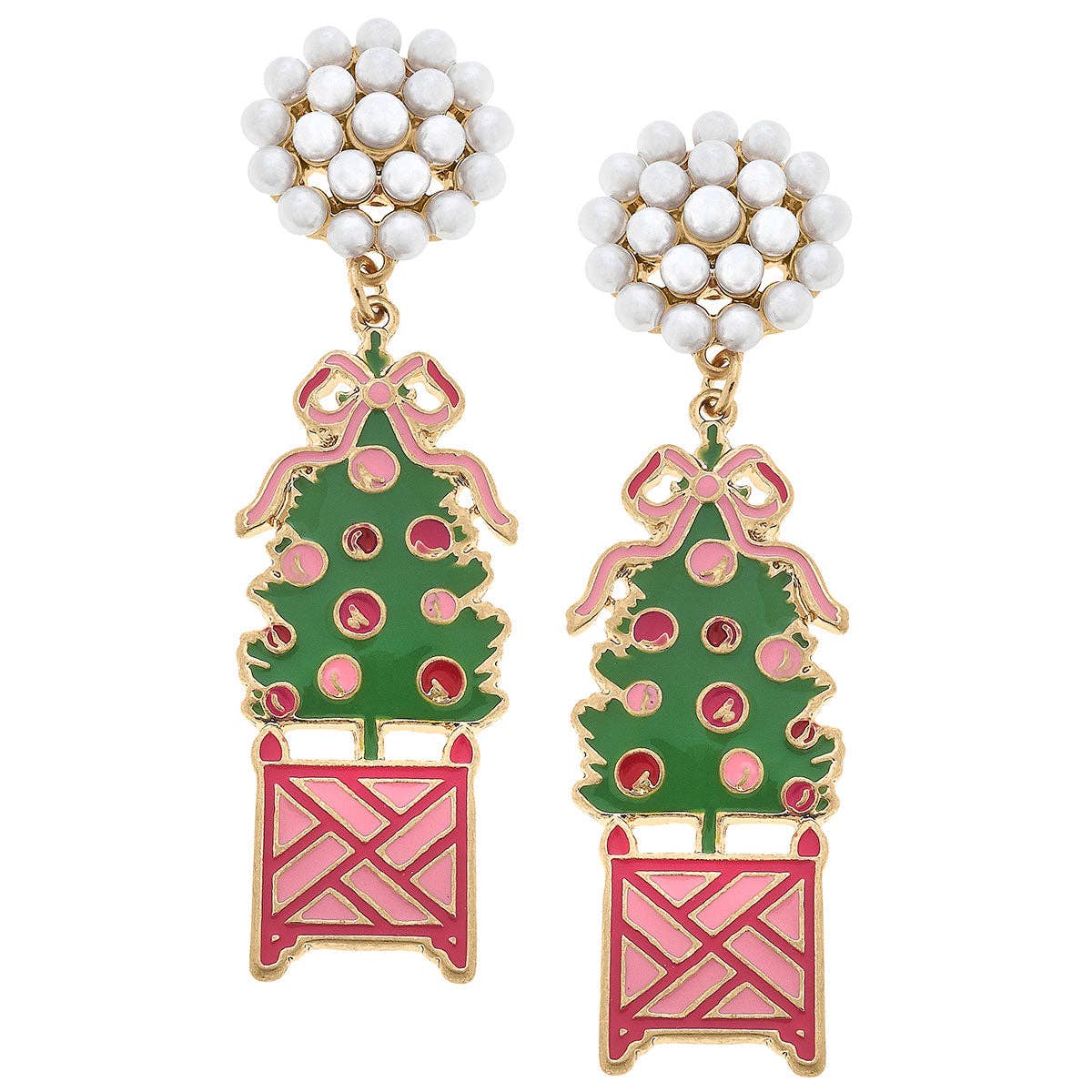 Christmas Tree Topiary Enamel Earrings in Green & Pink - Pretty Crafty Lady Shop