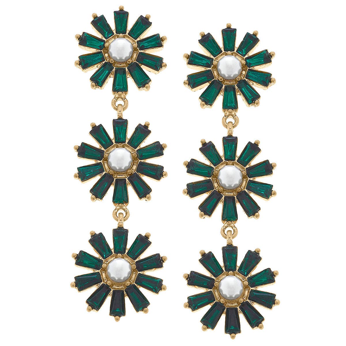 Amelia Pearl and Rhinestone Linked Drop Earrings in Emerald - Pretty Crafty Lady Shop