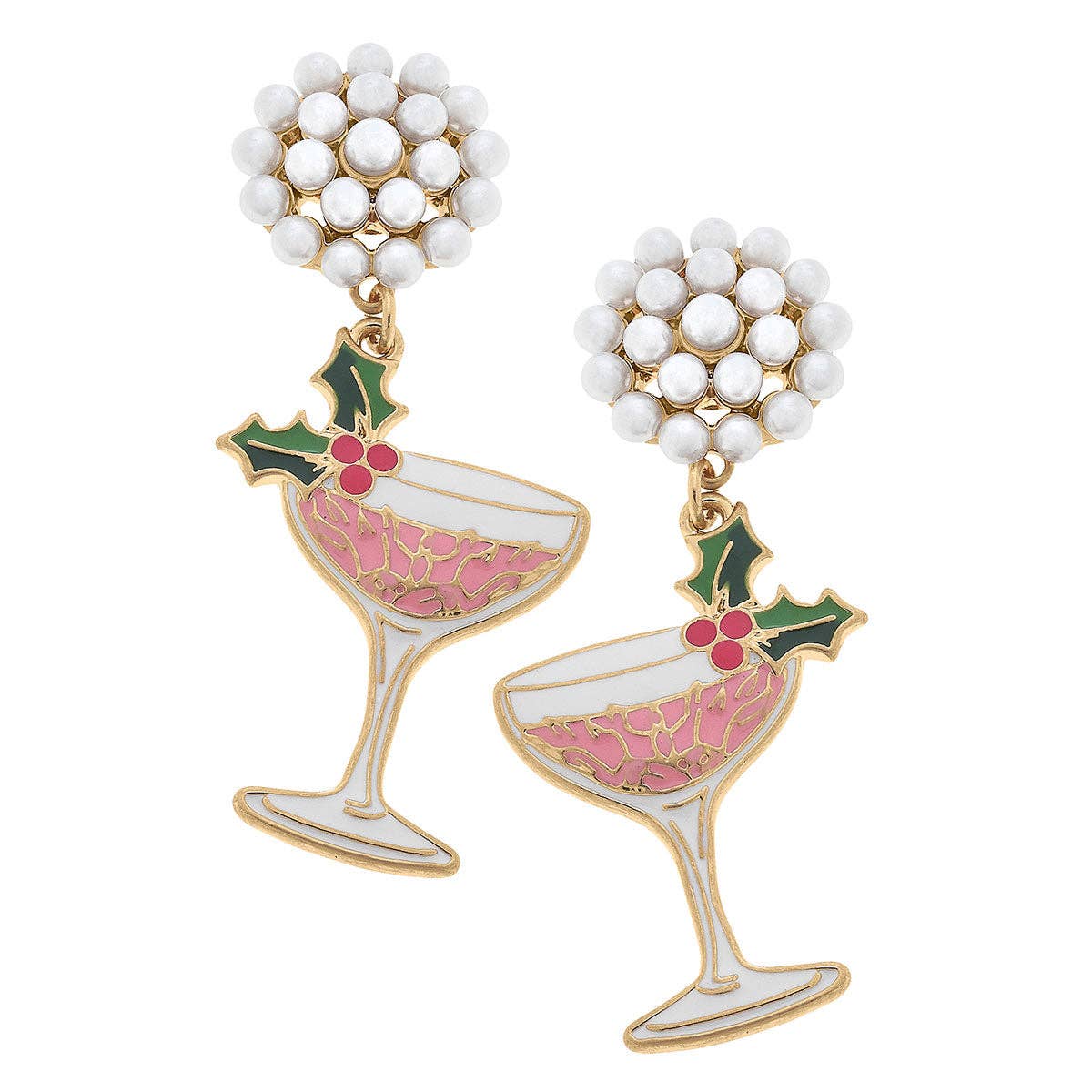 Festive Champagne Coupe Enamel Earrings in Pink & Green - Pretty Crafty Lady Shop