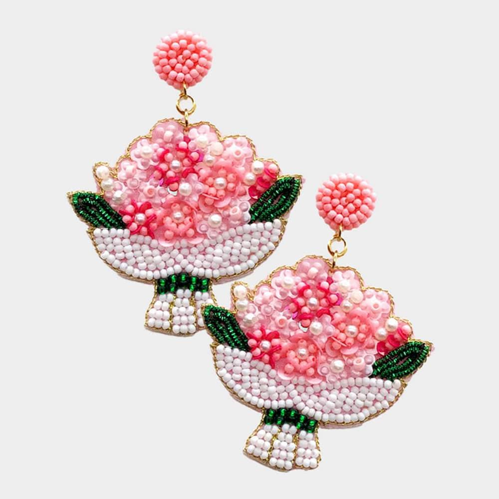 Pink Floral Bouquet Sequin Beaded Earrings - Pretty Crafty Lady Shop