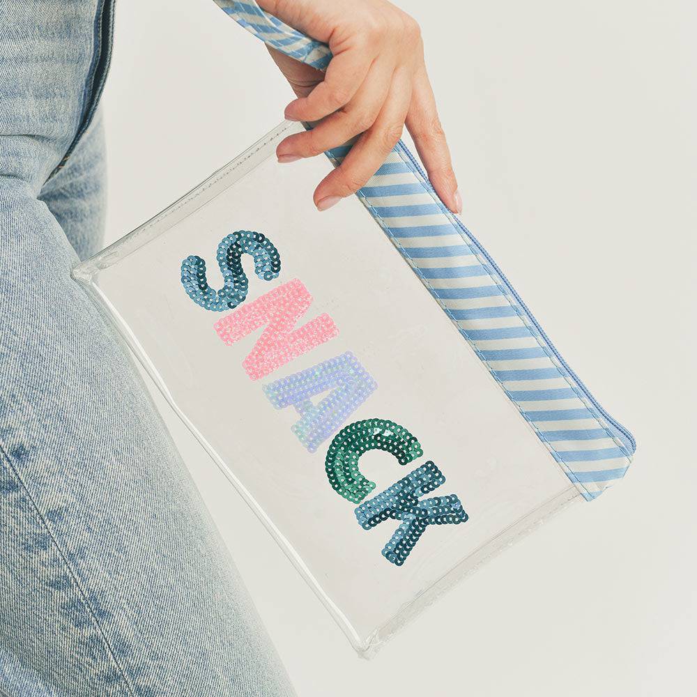 Clear Wristlet Pouch with Sequin Letters - SNACK - Pretty Crafty Lady Shop