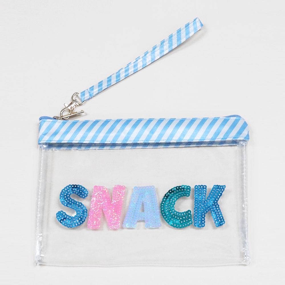 Clear Wristlet Pouch with Sequin Letters - SNACK - Pretty Crafty Lady Shop